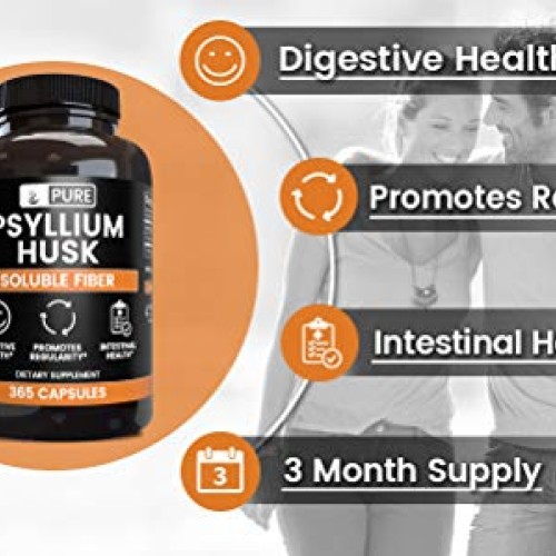 Psyllium Husk 365 Capsules No Stearates or Rice Fillers, Gluten...
