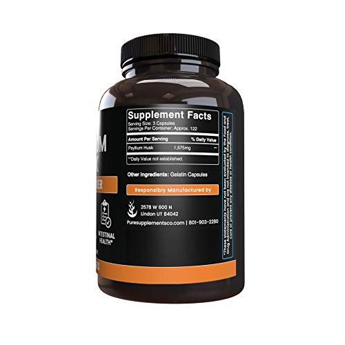 Psyllium Husk 365 Capsules No Stearates or Rice Fillers, Gluten...