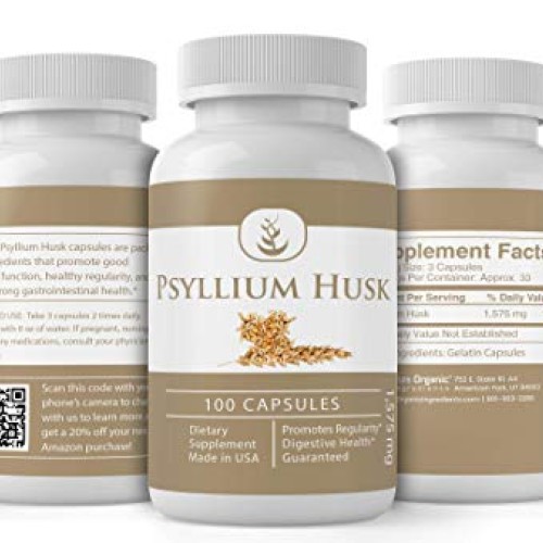 Psyllium Husk Capsules 100 Capsules Fiber Powder Supplement, Di...