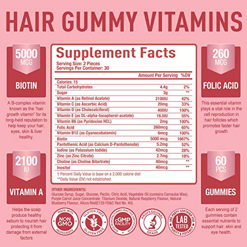 Premium Hair Vitamins Supplement - Gummy Vitamins w/ Biotin, Foli...