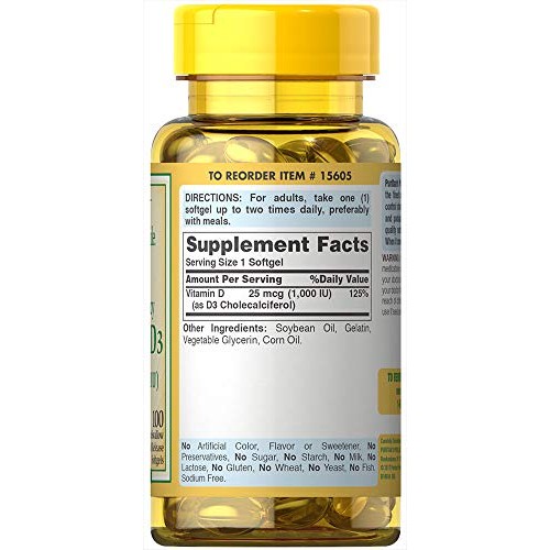 Puritans Pride Vitamin D3 1000 Iu Softgels, 100 Count