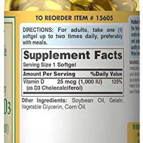 Puritans Pride Vitamin D3 1000 Iu Softgels, 100 Count