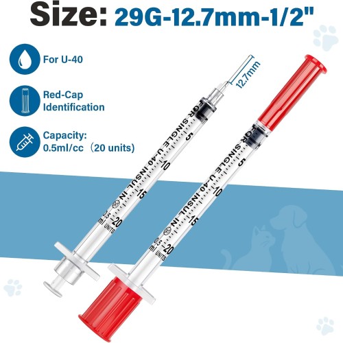 100 Pack U-40 for Pet, 0.5ml/cc, 29G 1/2
