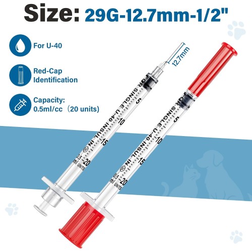 100 Pack U-40 for Pet, 0.5ml/cc, 29G 1/2
