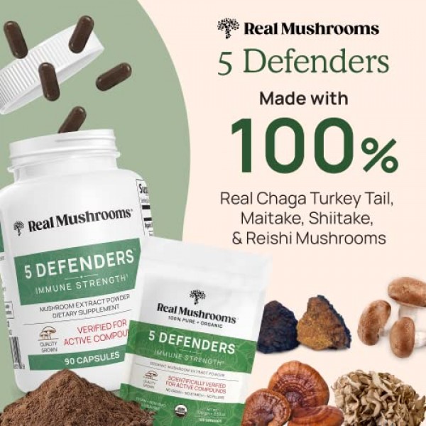 Real Mushrooms 5 Defenders Capsules - Organic Mushroom Extract w/...