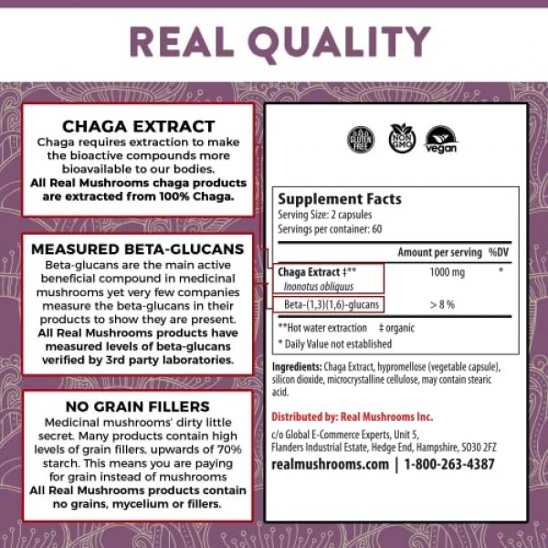 Real Mushrooms Chaga Capsules - Organic Mushroom Supplement with ...