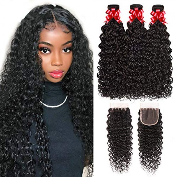 Brazilian Water Wave 3 Bundles with Lace Closure Wet and Wavy Hum...