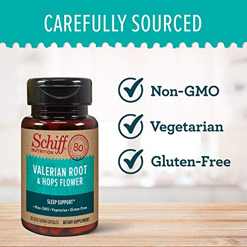 Schiff Valerian Root Extract & Hops Flower Vegetarian Capsules, ...
