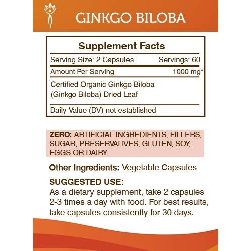 Ginkgo Biloba 120 Capsules, 1000 mg, Organic Ginkgo Biloba Ginkg...