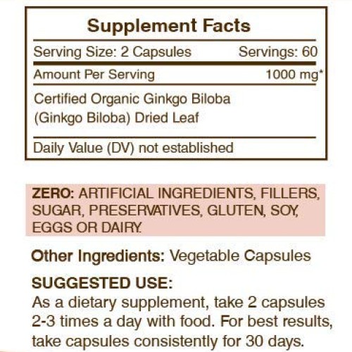 Ginkgo Biloba 120 Capsules, 1000 mg, Organic Ginkgo Biloba Ginkg...
