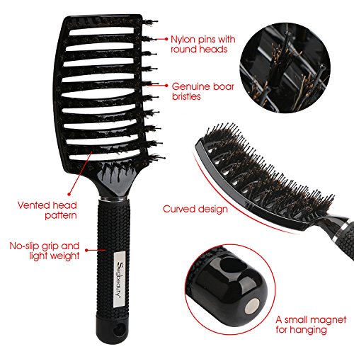 Boar Bristle Vented Hair Brush, Curved Paddle Brush with Nylon Pi...
