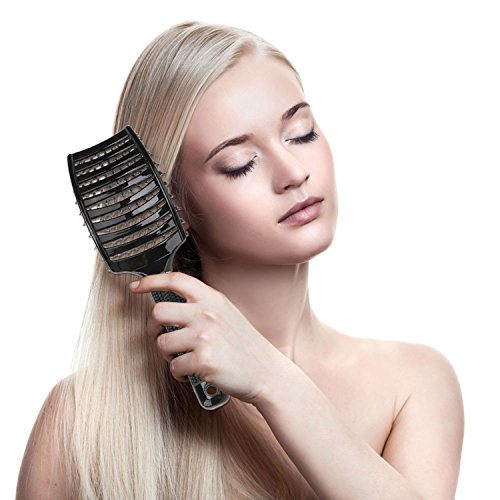 Boar Bristle Vented Hair Brush, Curved Paddle Brush with Nylon Pi...