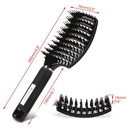Boar Bristle Vented Hair Brush, Curved Paddle Brush with Nylon Pi...