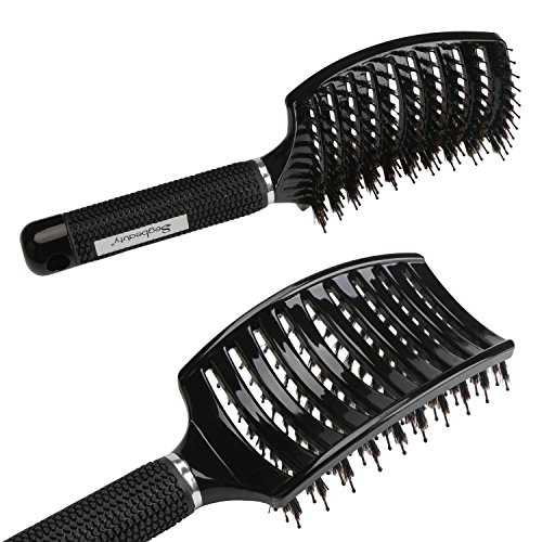 Boar Bristle Vented Hair Brush, Curved Paddle Brush with Nylon Pi...