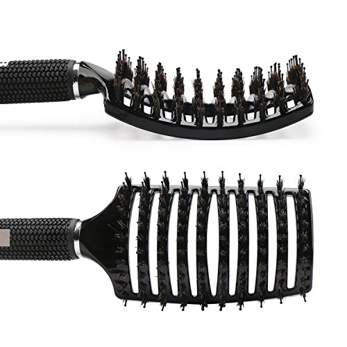 Boar Bristle Vented Hair Brush, Curved Paddle Brush with Nylon Pi...