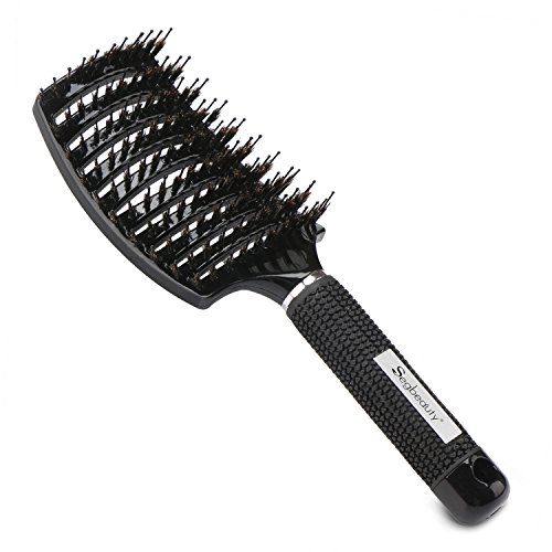 Boar Bristle Vented Hair Brush, Curved Paddle Brush with Nylon Pi...
