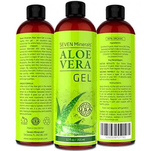 Aloe Vera Gel - 99% Organic, Big 12 oz - NO XANTHAN, so it Absorb...