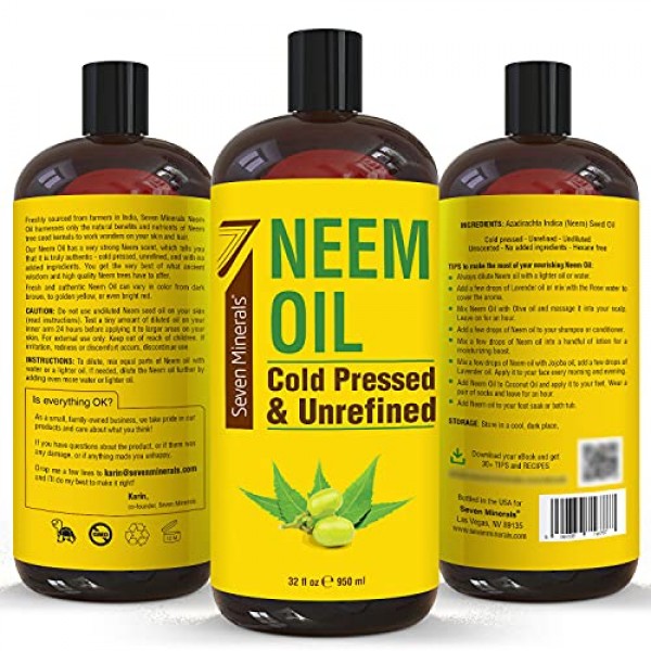 Pure Cold Pressed Neem Oil - Big 32 fl oz Bottle - Non-GMO, Hexan...