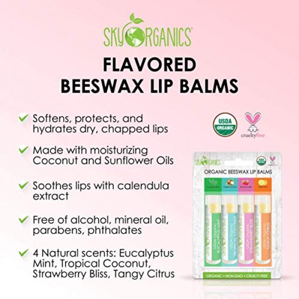 USDA Organic Flavored Beeswax Lip Balms 4 Tubes x 2 Pack Eucaly...