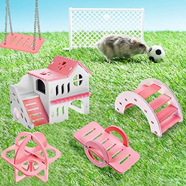 5 Pieces Hamster Toys Include Wooden Hamster House Rainbow Bridge...