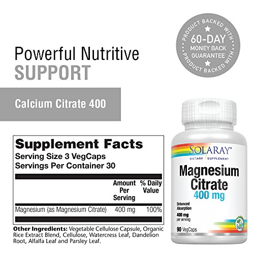 Solaray Magnesium Citrate, Veg Cap Btl-Plastic 400mg 90ct