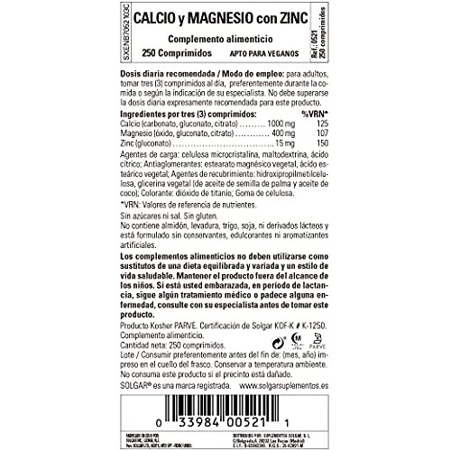 Solgar Calcium Magnesium Plus Zinc, 250 Tablets - Promotes Health...