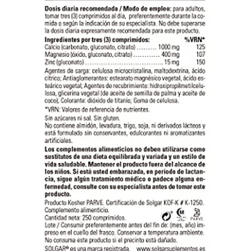Solgar Calcium Magnesium Plus Zinc, 250 Tablets - Promotes Health...