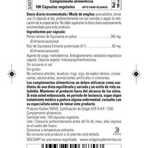 Solgar Echinacea, 100 Vegetable Capsules - Immune Support - Full ...