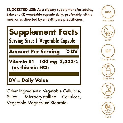 Solgar Vitamin B1 Thiamin 100 mg, 100 Vegetable Capsules - Ener...