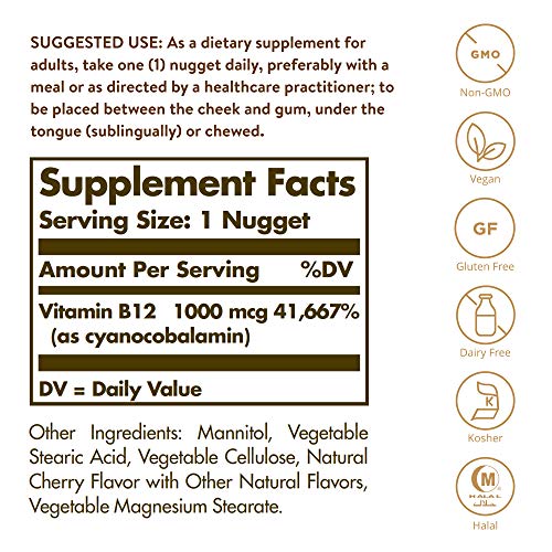Solgar Vitamin B12 1000 mcg, 100 Nuggets - Energy Production, Red...
