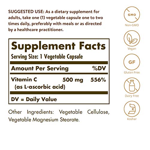 Solgar Vitamin C 500 mg, 100 Vegetable Capsules - Antioxidant & I...