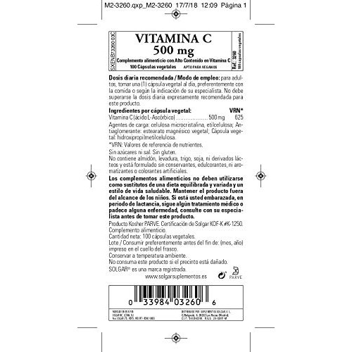 Solgar Vitamin C 500 mg, 100 Vegetable Capsules - Antioxidant & I...