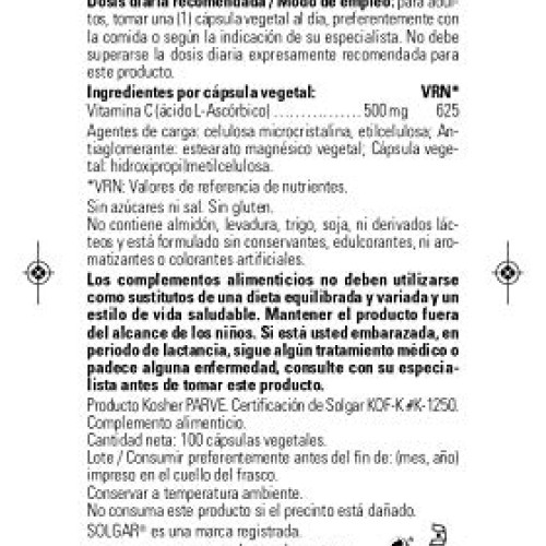 Solgar Vitamin C 500 mg, 100 Vegetable Capsules - Antioxidant & I...