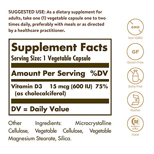 Solgar Vitamin D3 Cholecalciferol 15 mcg 600 IU, 120 Vegetabl...