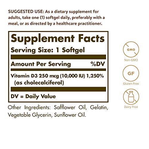 Solgar Vitamin D3 Cholecalciferol 250 MCG 10000 IU Softgels Helps...