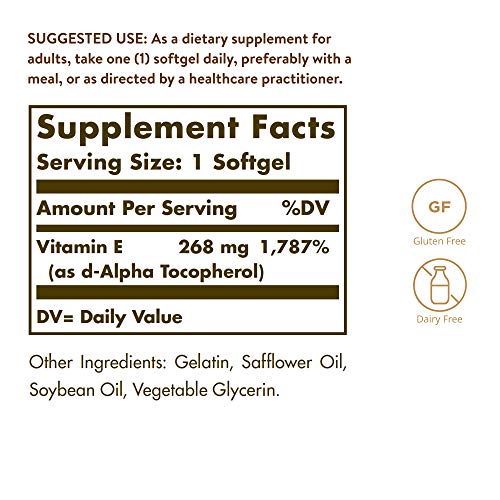 Solgar Vitamin E 268 mg 400 IU, 250 Alpha Softgels - Natural An...