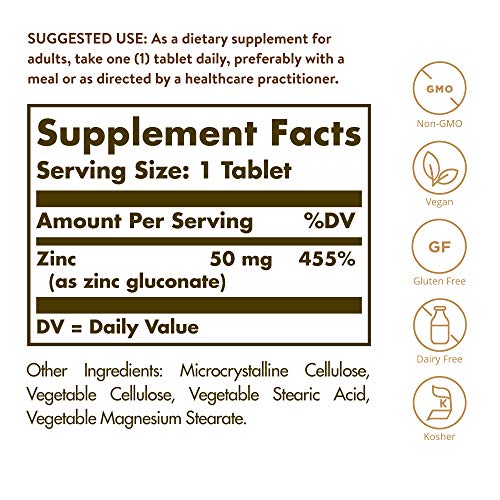 Solgar Zinc 50 mg, 100 Tablets - Zinc for Healthy Skin, Taste & V...