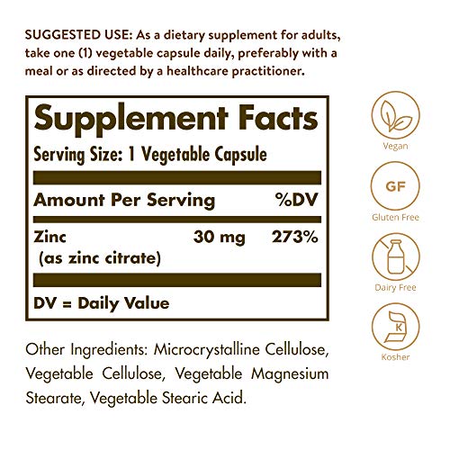 Solgar Zinc Citrate 30 mg, 100 Vegetable Capsules - Zinc for Heal...