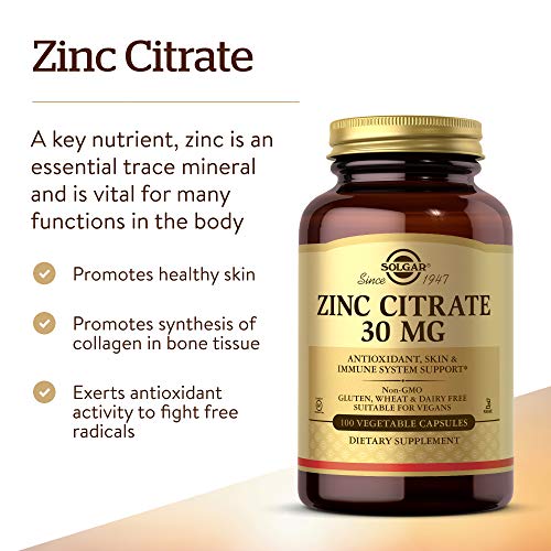 Solgar Zinc Citrate 30 mg, 100 Vegetable Capsules - Zinc for Heal...
