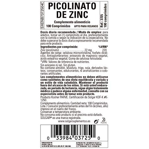 Solgar Zinc Picolinate 22 mg, 100 Tablets - Promotes Healthy Skin...