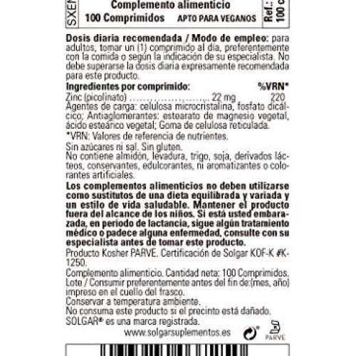 Solgar Zinc Picolinate 22 mg, 100 Tablets - Promotes Healthy Skin...