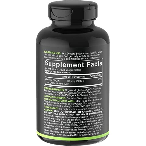Vegan Vitamin D3 5000iu 125mcg with Coconut Oil | 100% Plant-Ba...