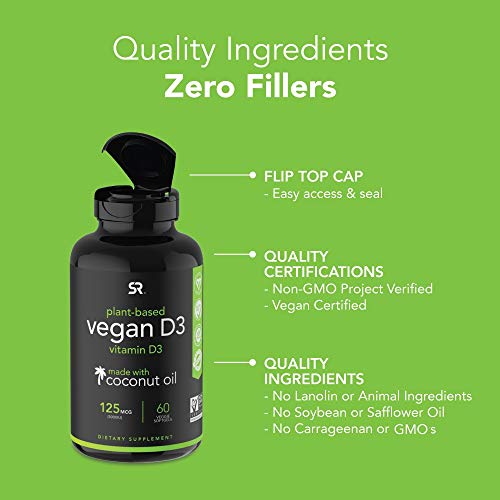 Vegan Vitamin D3 5000iu 125mcg with Coconut Oil | 100% Plant-Ba...
