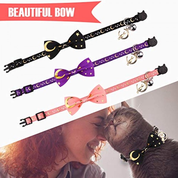 2 PCS Breakaway Cat Collar with Bow Tie and Bell Golden Moon Glow...