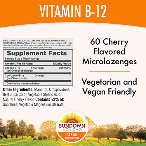 Vitamin B-12 Sublingual by Sundown, Vegetarian, Vegan, Non-GMOˆ, ...