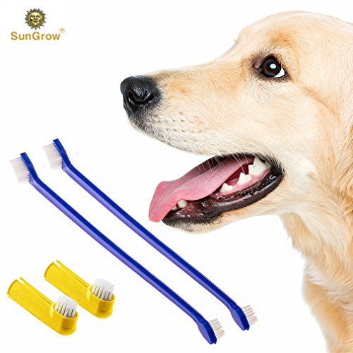 SunGrow Dog Toothbrush Set, 2 Long Dual-Headed Brush, 2 Finger Br...