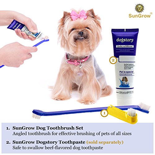 SunGrow Dog Toothbrush Set, 2 Long Dual-Headed Brush, 2 Finger Br...