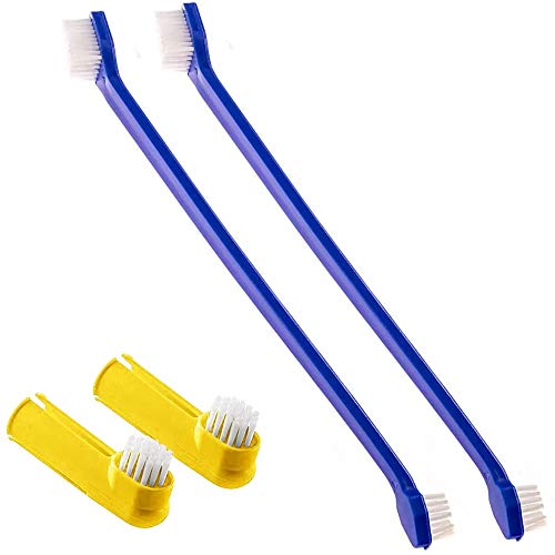 SunGrow Dog Toothbrush Set, 2 Long Dual-Headed Brush, 2 Finger Br...