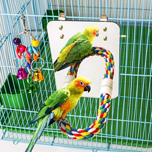 7 Inch Bird Mirror with Rope Perch Cockatiel Mirror Parrot Swing ...