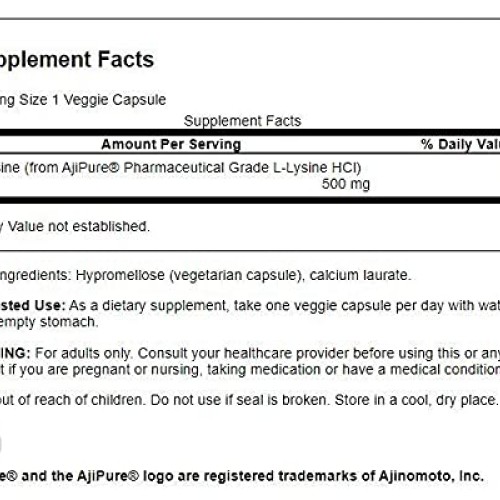 Swanson Amino Acid Ajipure L-Lysine Pharmaceutical Grade 500 Mill...